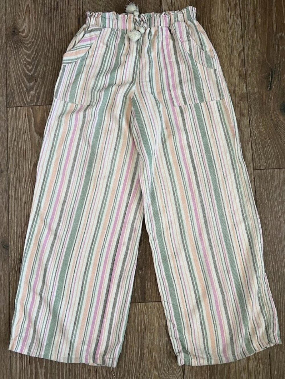 Art Class Pink Green Elastic Waist Striped Wide Leg Pants Size Medium 7/8